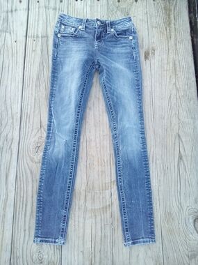 Miss Me Mid-Rise Skinny Jeans Size 25 Blue Lace Rhinestone Flap Pocket